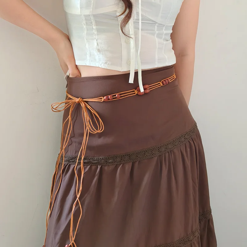 Böhmischer Stil, geflochtene Taille für Frauen mit sexy Kleid, Jeansgürtel, weibliches Strandzubehör, beige Wachsschnur-Knotengürtel, Trend Image
