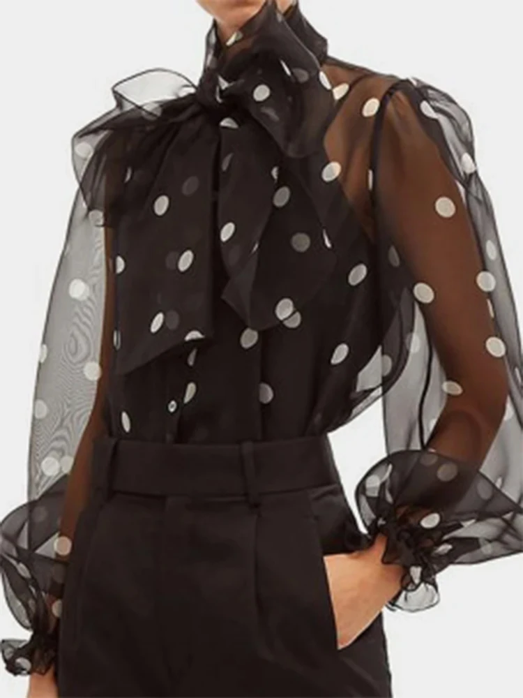 Mode Frauen Polka Dot Print Hemd Büro Dame Casual Elegante Chic Bluse Spitze-up Bogen Lange Hülse Lose Top 2025, Ropa Mujer Image