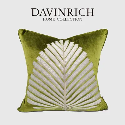 DAVINRICH Moderne grüne Palmblatt-dekorative Kissenbezüge, exquisiter bestickter Luxus-Samt-Kissenbezug, tropische Heimdekoration Image