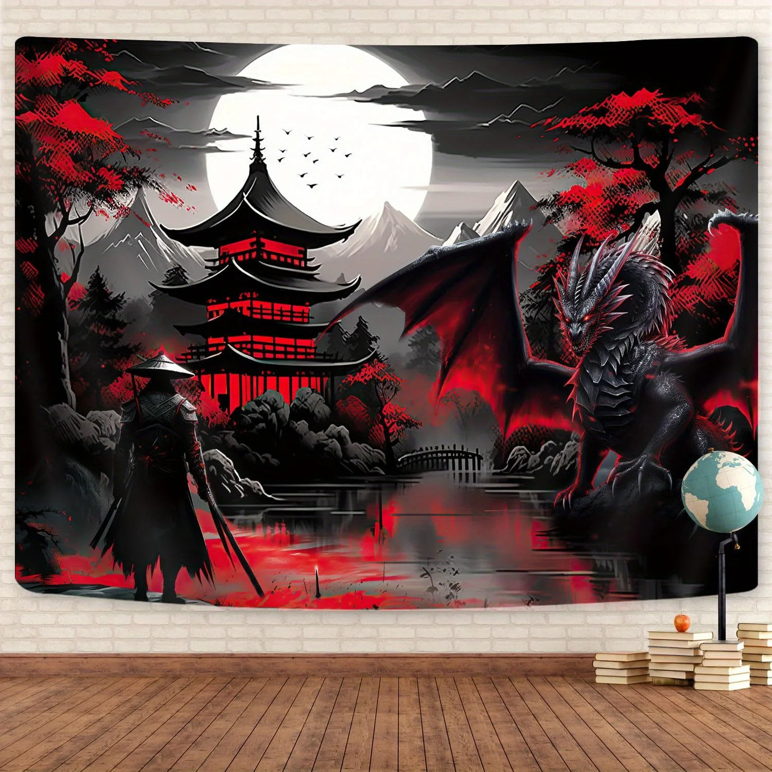 VIKAMA Oriental Dragon Soul Wandteppich, Wohnzimmer, Raumdekoration, Vollmond, Gutta-Tinte, Kampfsport, Energiefeld Image