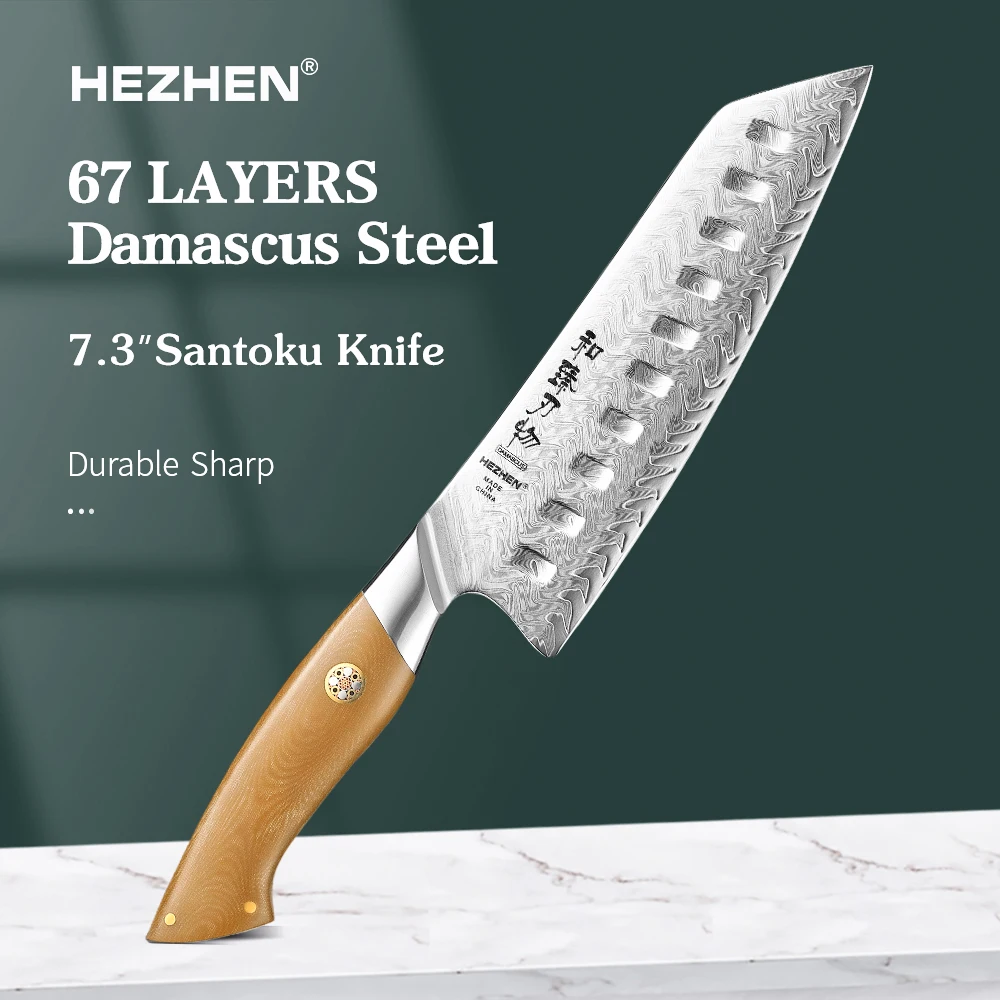 HEZHEN Neues 7,3 Zoll Santokumesser Küchenkochmesser 67 Schichten Damaststahl Rasiermesser Scharfes Schneiden Leinen Micarta Griff Image
