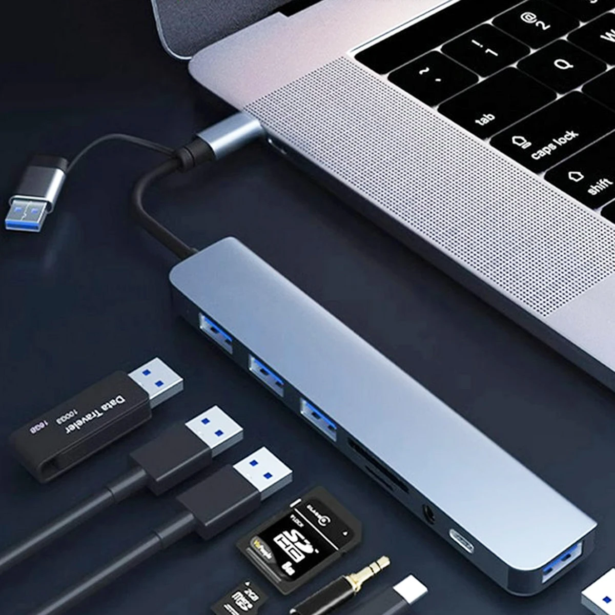 8-in-1-USB-HUB mit Splitter-Kartenleser, USB-C-Anschluss, USB 3.0/2.0 SD/TF-Splitter, Kartenleser, Dockingstation, USB-Expander-Adapter Image