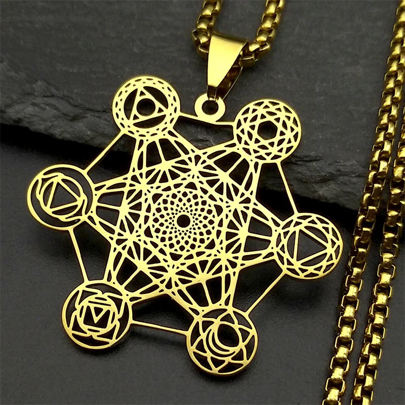 Yoga Hindu Buddhismus 7-Chakra Edelstahl Anhänger Halskette Heilige Geometrie Hohl Engel Siegel Metatron Symbol Kette Schmuck Image