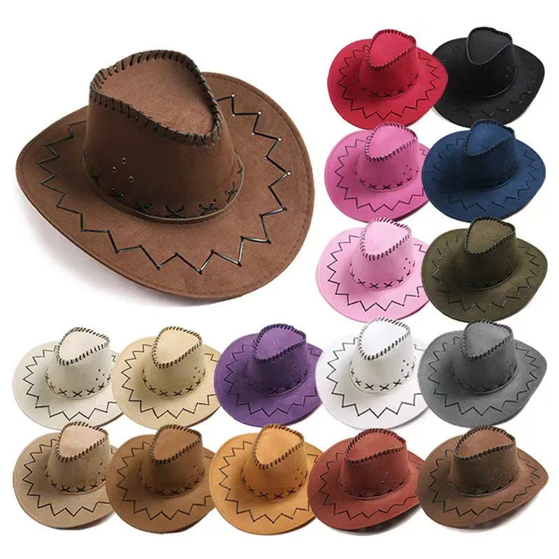 Neue Unisex Cowboy Hut Wildleder Mode Cowboy Kappe Damen Herren Hut Praktische Wild West Kostüm Heißer Verkauf Western Kopfbedeckung Kappe Image