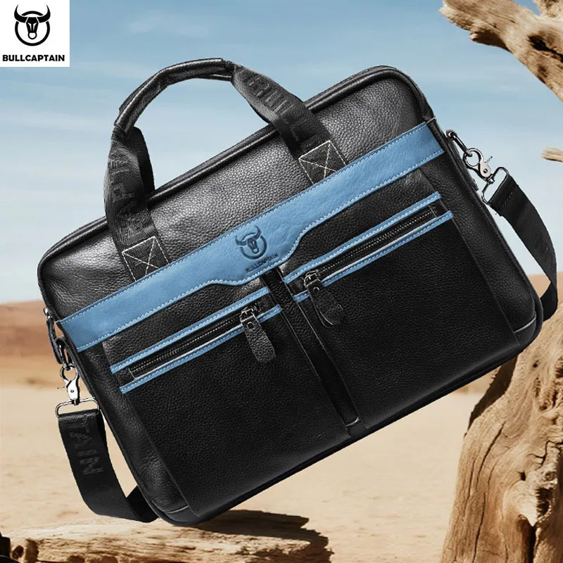 BULLCAPTAIN Aktentasche aus echtem Leder für 15,6-Zoll-Laptop-Computertasche, Rindsleder-Handtasche für Männer, männliche Umhängetasche Image