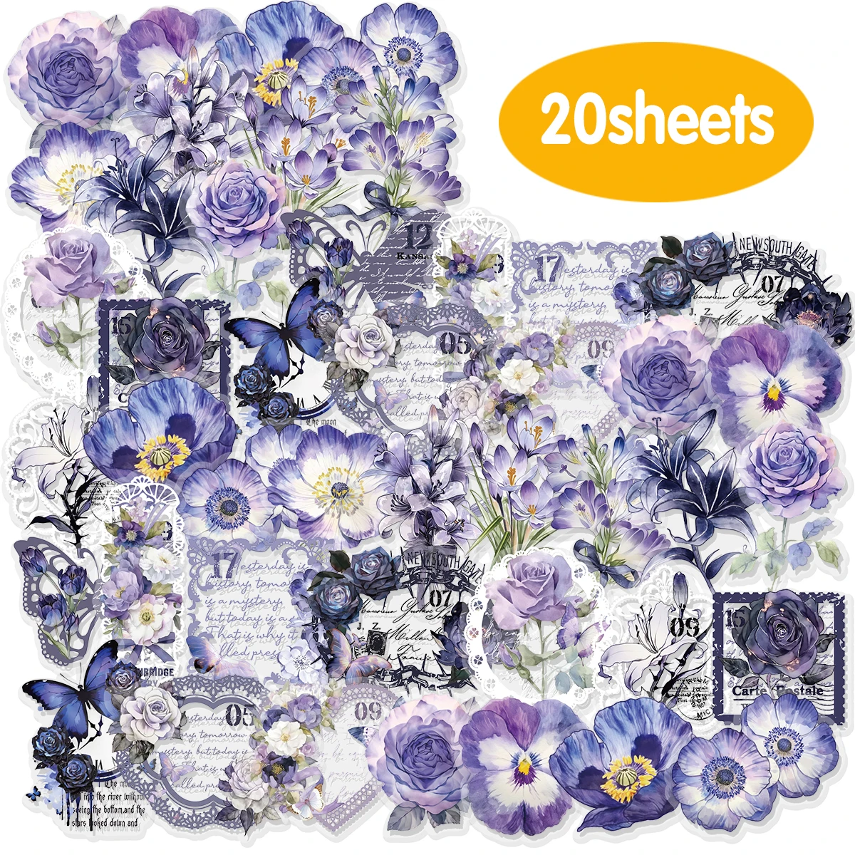 20 Stück dunkellila Orchidee und Schmetterling Vintage PET-Aufkleber für Laptop, Gepäck, Aufkleber, Scrapbooking, Tagebuch, Spielzeug, Schreibwaren Image