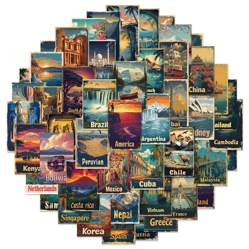 50 Stück Retro-Reiseposter aus den 1950er Jahren, Aufkleber, dekorative Handyhüllen, Laptop, Tassen, Computer, wasserfeste Aufkleber Image