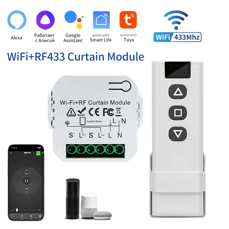 WiFi Smart Vorhang Schalter Modul für Rollos Shutter Motor Smart Leben APP Alexa Google Home Sprachsteuerung RF 433 MHz Fernbedienung