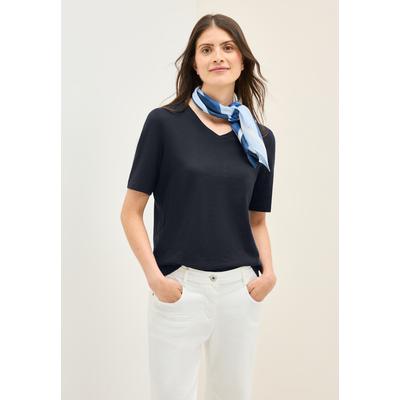 T-Shirt CECIL, Damen, Gr. M (40), blau (universal blau), Jersey, Obermaterial: 100% Baumwolle, unifarben, casual, normal hüftbedeckend, V-Ausschnitt, Kurzarm, Shirts, mit V-Ausschnitt Image