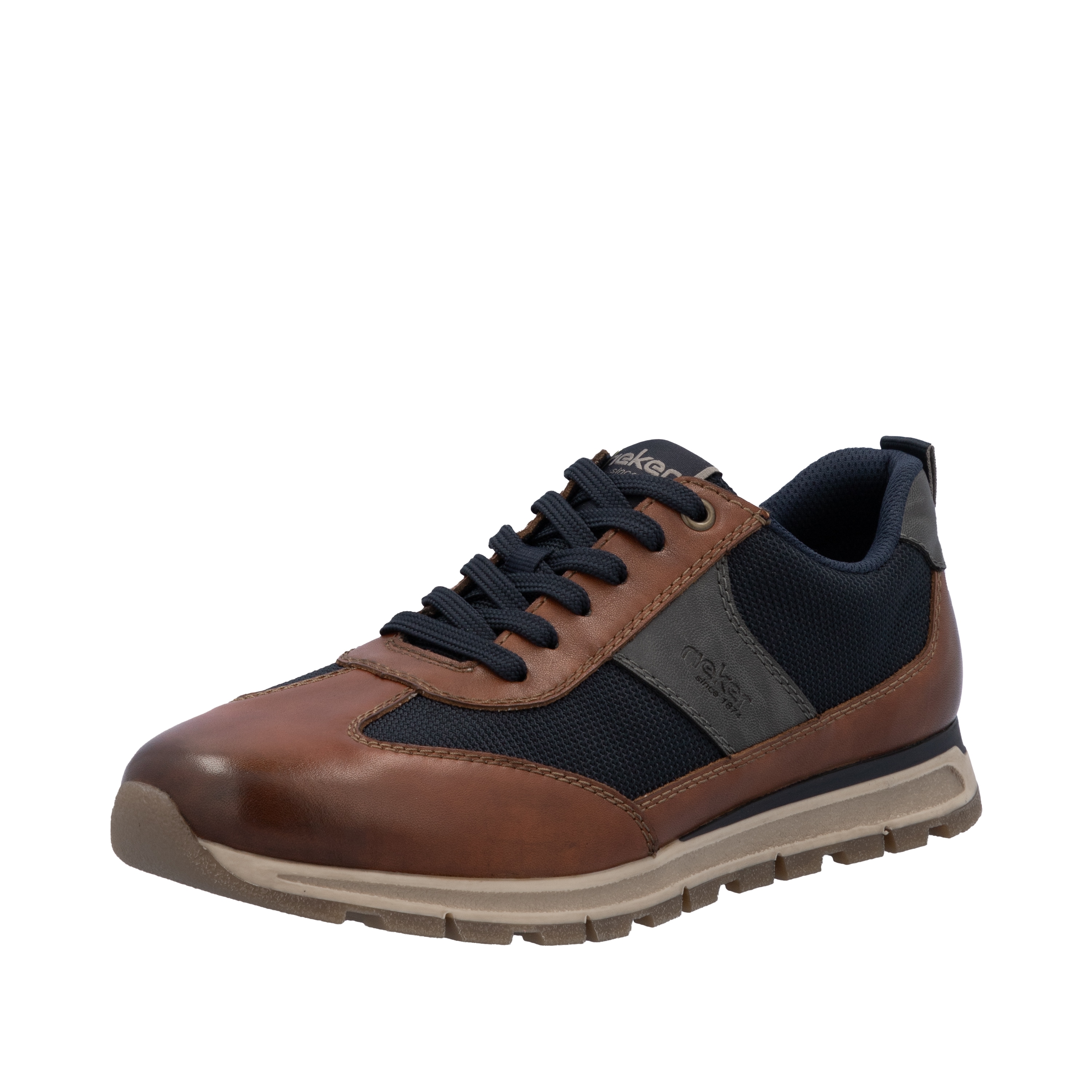 Sneaker RIEKER, Herren, Gr. 42, braun (cognac, dunkelblau, grau), Glattleder, Textil, Schuhe Sneaker, Schnürschuh, Halbschuh, Casual-Sneaker mit gep. Schaftrand