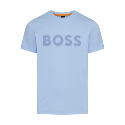 T-Shirt BOSS ORANGE "Thinking", Herren, Gr. L, blau (open blau470), Jersey, Obermaterial: 100% Baumwolle, casual, Basic hüftlang, Rundhals, Kurzarm eingesetzt abgesteppte Kante, Shirts, mit Logodruck Image