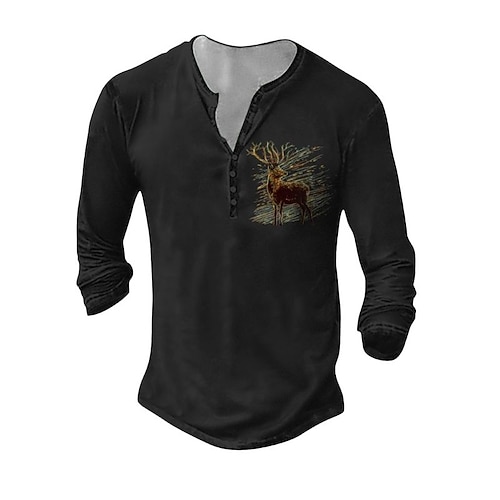 Herren Henley Hemd T-Shirt Langarmshirt Langarm Henley Sommer Herbst Muster Hirsch Mode Designer Mode Jahrgang Urlaub Straße Ausgehen Dunkelgrau Schwarz Weiß Top T-Shirt für Herren Image