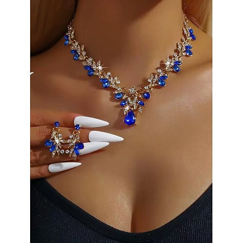 Damen-Schmuckset aus goldenem Strass mit Tropfenanhänger – elegante Halskette und Ohrhänger im Blattdesign für Bräute, Hochzeitsgäste und formelle Abendveranstaltungen Image