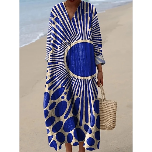 Damen Midi Kleid V-Ausschnitt Langarm Kaftan Leicht Lockerer Schnitt A-Linien Kleid Lässig Boho Ausgehen Grafisch Geometrisch Streifen Langarm V-Ausschnitt Asche Schwarz Gelb Pink Image