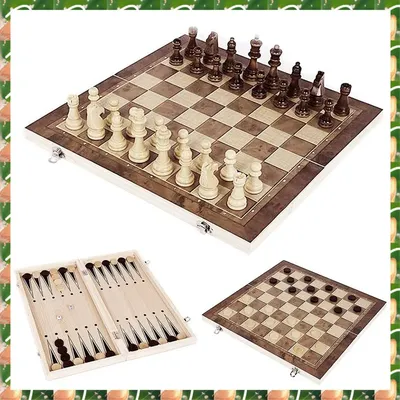 JAJA faltbares 3-in-1-Schach-Backgammon-Holzbrett aus Holz, faltbares Brettspiel Image