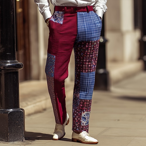 Herren Farbblock Patchwork Anzughose Hose Mittlere Taille Ethnisch Vintage-Retro Outdoor Urlaub Normale Passform Flache Front Gerade geschnittene Hose mit Taschen Sommer Frühling Herbst 3D-Druck Wein Image