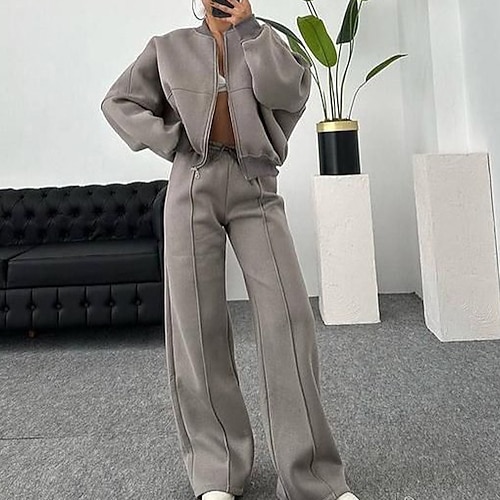 Damen Trainingsanzug Jogginganzug Sportbekleidungsset Tasche Einfarbig Kombination Herbst Winter Schwarz Weiß Fitnessstudio Training Sport Thermowarm Winddicht Weich Langarm Sport Sportkleidung Image