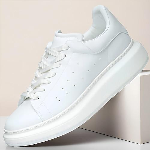 Herren Sneaker Spaziergang Lässig Leder Italienisches Vollnarbenleder Rutschfest Schnürung Weiß