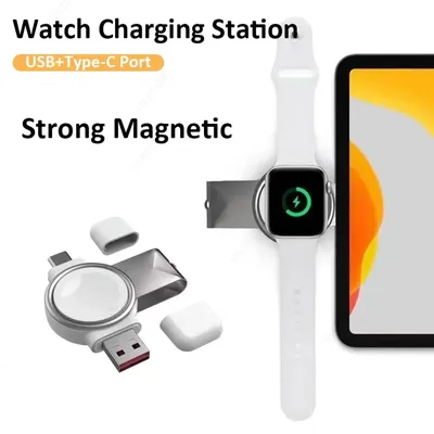 USB Type C Port Magnetic Watch Wireless Charger For Apple Watch 10-2 SE or Samsung Galaxy Watch 7/6/5/4/3/2 Fast Charging Stand