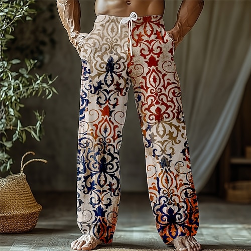 Herren Blumendruck Blumen Hose Baggy-Hosen Freizeithose Mittlere Taille Ethno-Stil Retro Vintage Outdoor Urlaub Kordelzug Seitentaschen Elastischer Bund Sommer Frühling 3D-Druck Aprikose Image