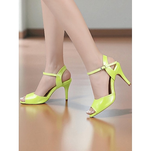 Rosafarbene, offene Latein-Tanzschuhe für Damen – professionelle Ballsaalschuhe aus Lackleder mit verstellbarem Riemen für Tänzerinnen und Salsa-Übungen Image