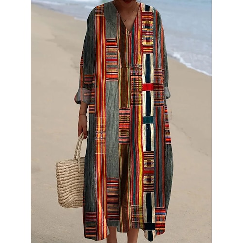 Damen Midi Kleid V-Ausschnitt Lange Ärmel Kaftan Leicht Lockerer Schnitt A-Linien Kleid Lässig Boho Ausgehen Grafisch Geometrisch Streifen Lange Ärmel V-Ausschnitt Schwarz Gelb Pink Rot Herbst Image