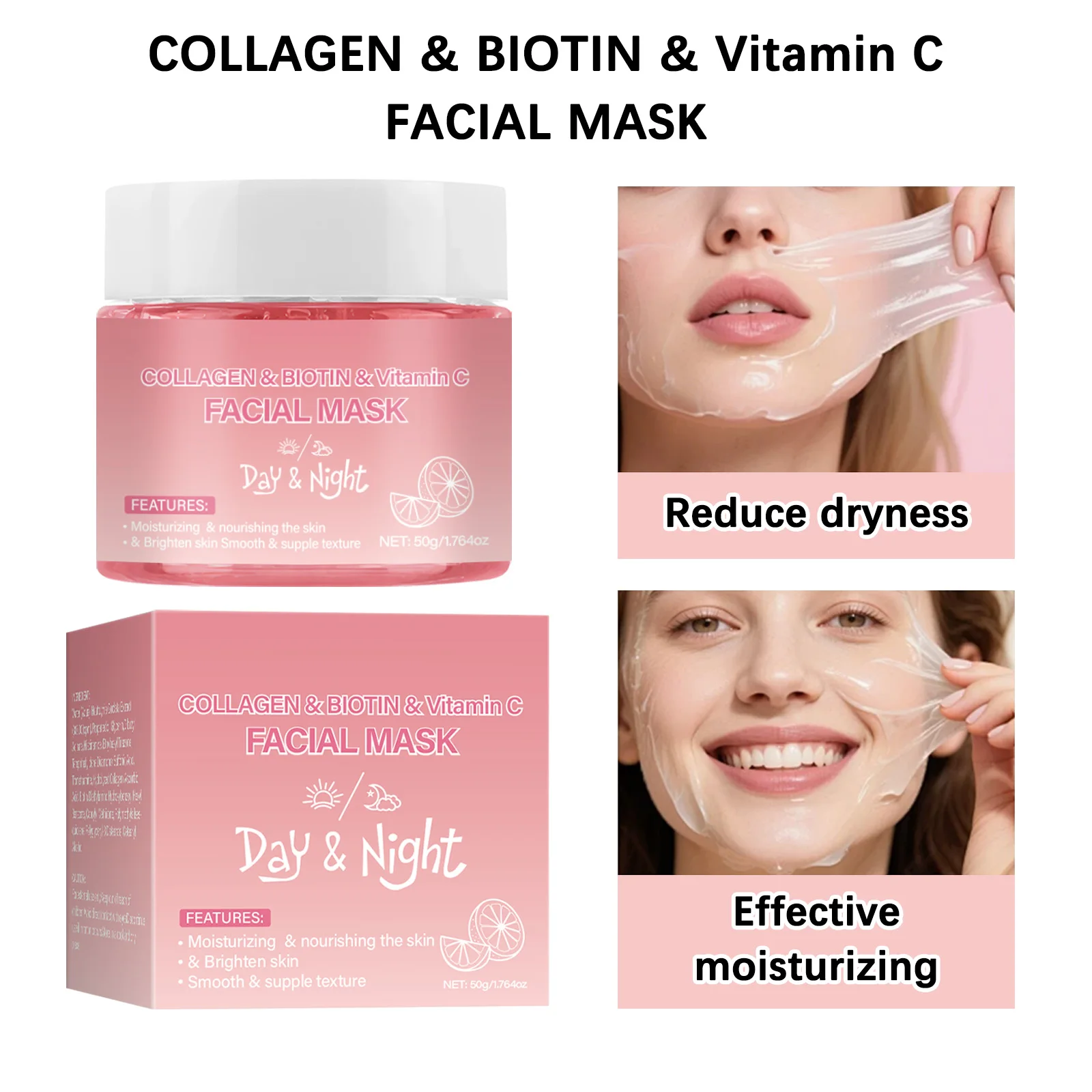 Kollagen-Biotin-Gesichtsmaske spendet Feuchtigkeit und lindert trockene Gesicht, verbessert stumpfe und hellt den Hautton auf Image