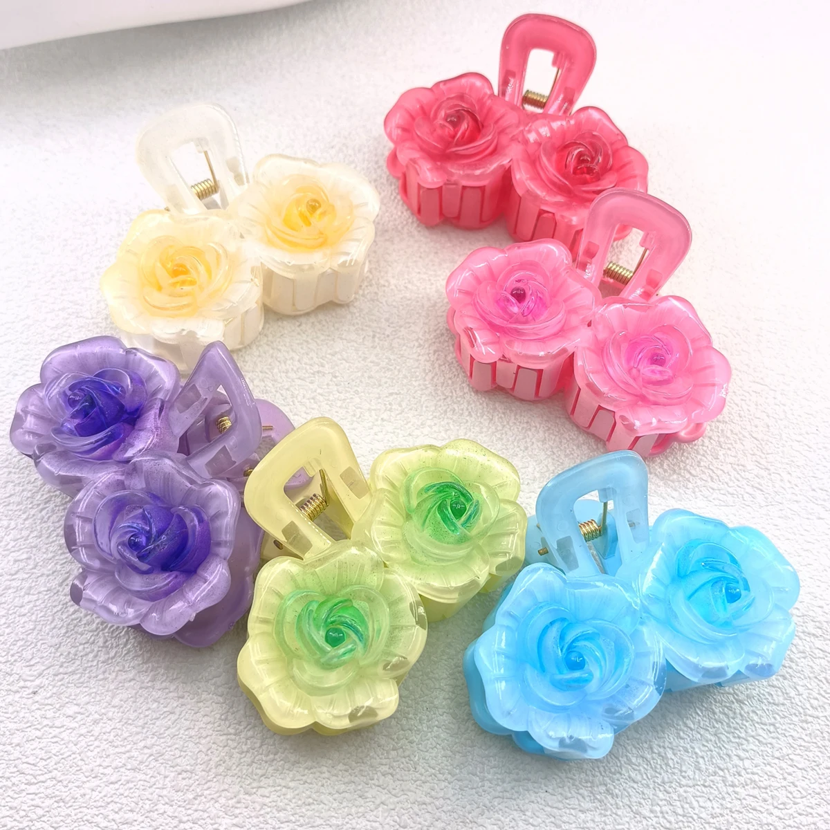 Neue Kreative Rose Haar Klaue Farbverlauf Candy Farbe Nette Haarnadel Blume Haar Clip Kopfschmuck Stereoskopischen Greif Clip Shark Clip Mädchen Image