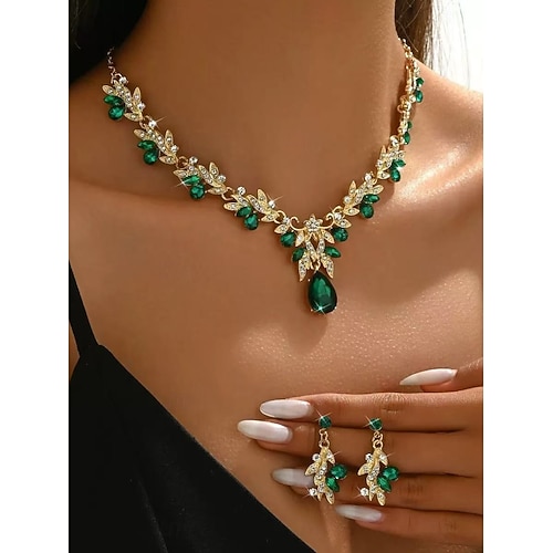 Damen-Schmuckset aus goldenem Strass mit Tropfenanhänger – elegante Halskette und Ohrhänger im Blattdesign für Bräute, Hochzeitsgäste und formelle Abendveranstaltungen Image