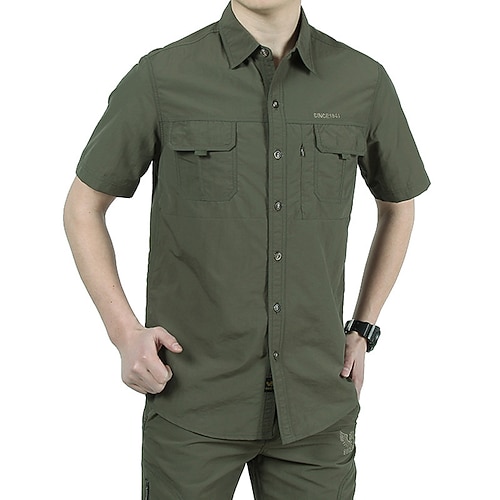Herren Cargo-Shirt Wanderhemd Wanderspitze Kurzarm Umlegekragen Oberteil Außen Wasserdicht Schnelltrocknend Elastisch Atmungsaktiv Sommer Frühling Nylon Armeegrün Khaki Grau Tennis Golfspiel Laufen Image