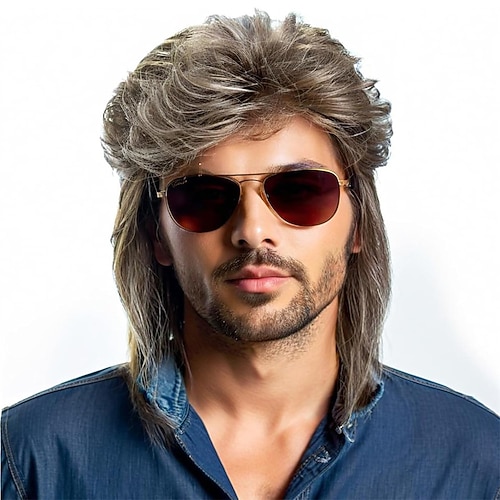80er Jahre Stil Vokuhila Perücke lang zweifarbig graublond Kostüm Party Accessoire Image