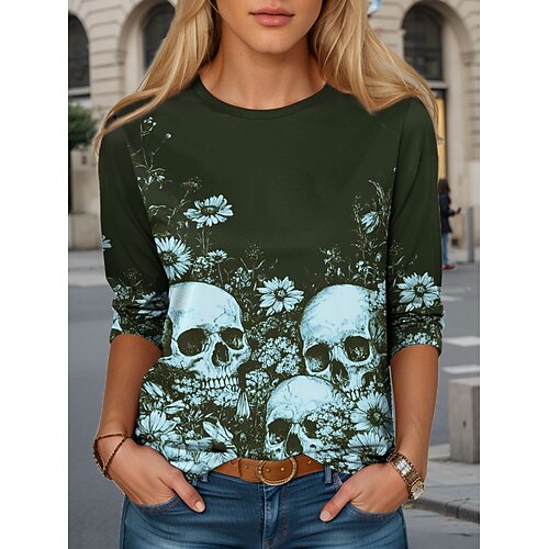 Damen T-Shirt Totenköpfe Rundhals Langarm Tunika Grafik Lässig Rundhals Normale Tops Alltag Druck Pink Blau Lila Grün Herbst Image