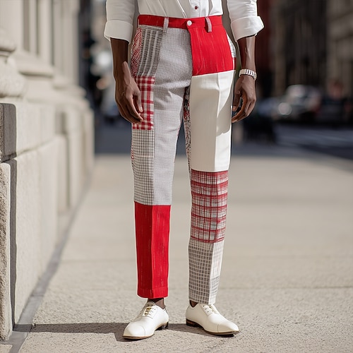 Herren Farbblock Patchwork Anzughose Hose Mittlere Taille Ethnisch Vintage-Retro Outdoor Urlaub Normale Passform Flache Front Gerade geschnittene Hose mit Taschen Sommer Frühling Herbst 3D-Druck Wein Image