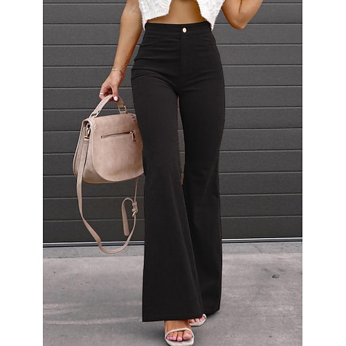 Damen Hose Cordhose Schlaghosen Freizeithose Urlaub Mode Streetwear Volle Länge Hohe Taille Einfach Tasche Hoher Schnitt Komfort Weich Außenbereich Mikroelastisch Täglich Büro Straße Asche Graues Image
