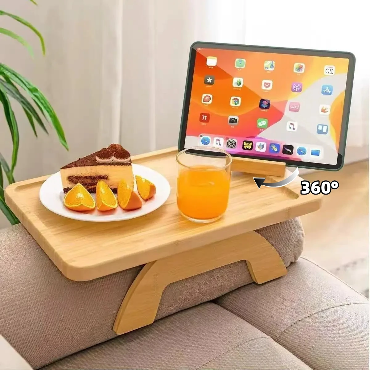 Sofa-Armlehnenablage mit 360°-Grad-Motiv ° Telefon-Tablet-Halter, faltbar, Sofa-Tablett, Tisch, natürliches Holz, praktisches TV-Snacks-Tablett für Kuchen, Kaffee