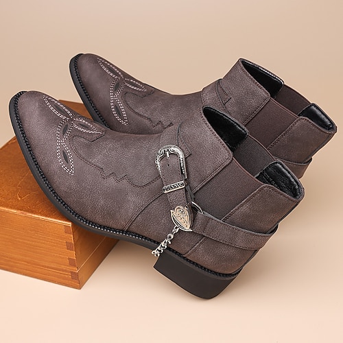 Herrenstiefeletten aus grauem Kunstleder im Westernstil – Design mit Schnallenriemen und Metallkette für Country-Konzerte, Partys im Nachtleben und Statement-Streetwear Image