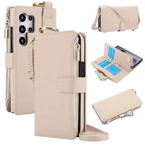 Handy Hülle Handyhüllen Für Samsung Galaxy S25 S25 Edge S24 S23 S22 Plus Ultra S23 FE A16 A55 5G A15 A14 Brieftaschenhülle Reisverschluss mit Trageriemen Kartenfach Retro TPU PU-Leder Image