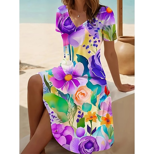 Damen Minikleid T-Shirt-Kleid Sommerkleid A Linie Kleid Urlaub Lässig Strand Täglich Strand Ferien Normale Passform Ombre Blumen Grafik Kurzarm V Ausschnitt Blau Gelb Purpur Fuchsie Sommer Image