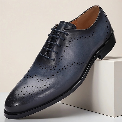 Marineblaue Oxford-Schuhe aus echtem Rindsleder für Herren mit klassischen Brogue-Details für formelle Geschäftsveranstaltungen und Hochzeitsanlässe Image