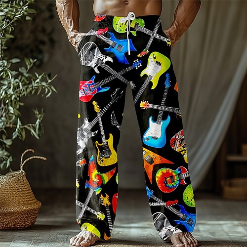 Herren Gitarre Musikinstrument Hose Baggy-Hosen Freizeithose Mittlere Taille Retro Vintage Outdoor Urlaub Ferien Kordelzug Seitentaschen Elastischer Bund Sommer Frühling 3D-Druck Schwarz Weiß Purpur Image
