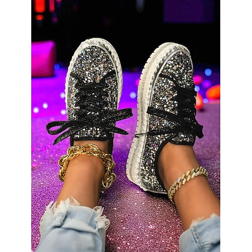 Frauen Mardi Gras Glitzer Schnür-Plateausneaker - Funkelnde Pailletten-Casual-Schuhe für Nachtleben Partys und Cluboutfits Image