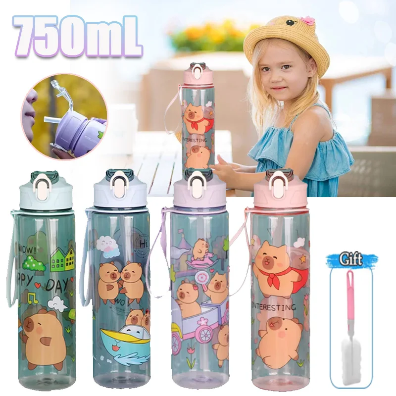 750 ml Nette Cartoon Capybara Wasser Flasche Auslaufsicher Kunststoff Stroh Tasse Tragbare Outdoor Reise Große Kapazität Sport Wasser Flasche Image