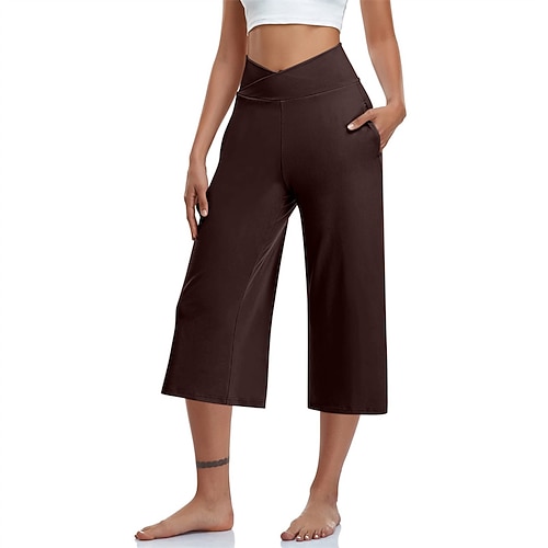 Damen Caprihose Stoffhosen Lässig sportlich Wadenlang Natürliche Taille Einfach Seitentaschen Bequem Atmungsaktiv Yoga Alltagstauglich Aprikose Dunkelbraun Schwarz Weiß Frühling Herbst Lässiger Image