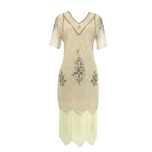 Goldene Zwanziger 1920er Cocktailkleid Knielang Flapper Kleid Kleid Abschlussballkleid Kurze Ärmel Der große Gatsby Charleston Hochzeitsgast Pailletten Quastenfransen V Ausschnitt Kostüm Damen Image