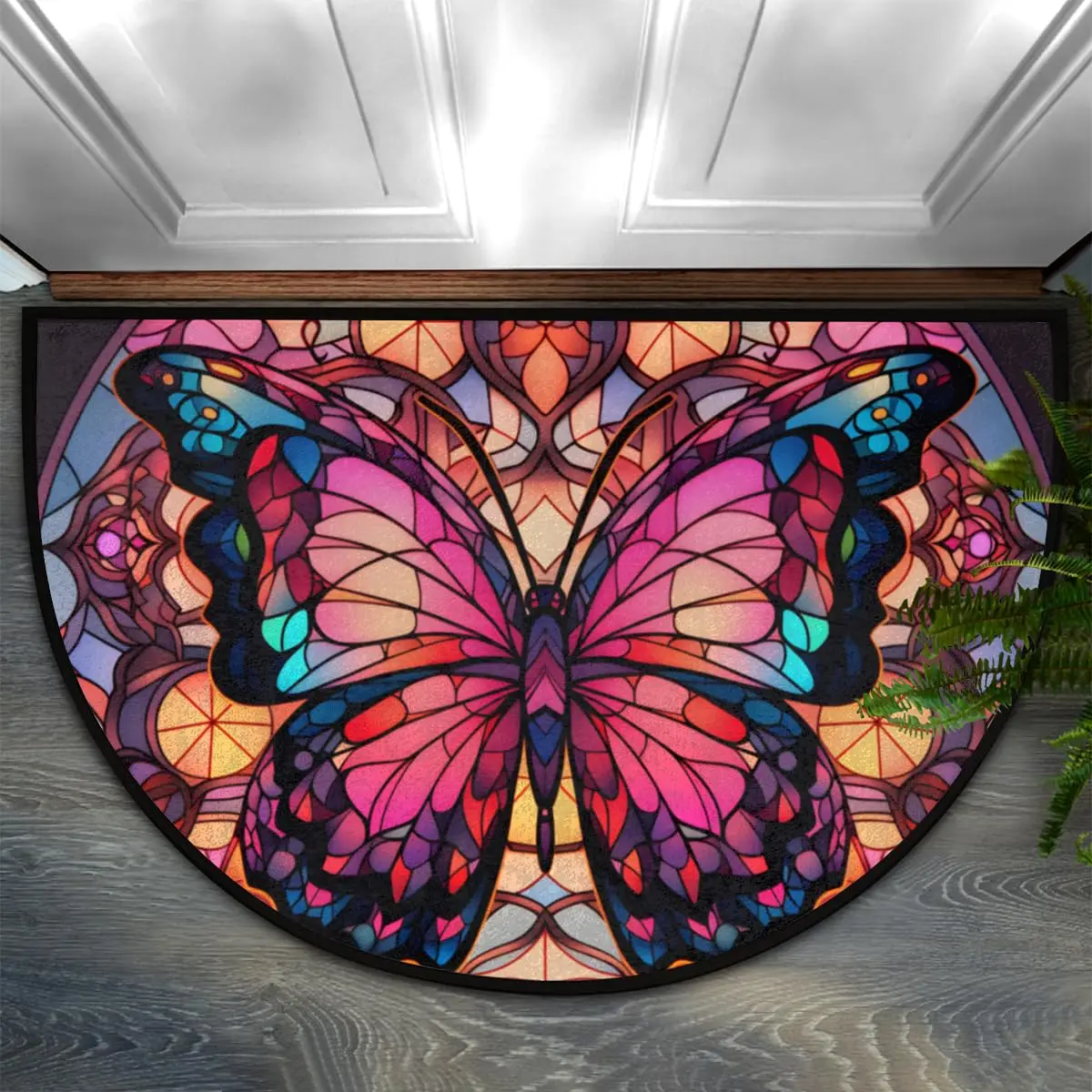 VIKAMA halbrunder Türteppich, Schmetterlingsglas, Fenster, Innenbereich, Eingang, rutschfeste Willkommensmatte für halbkreisförmige Badezimmerböden im Freien Image