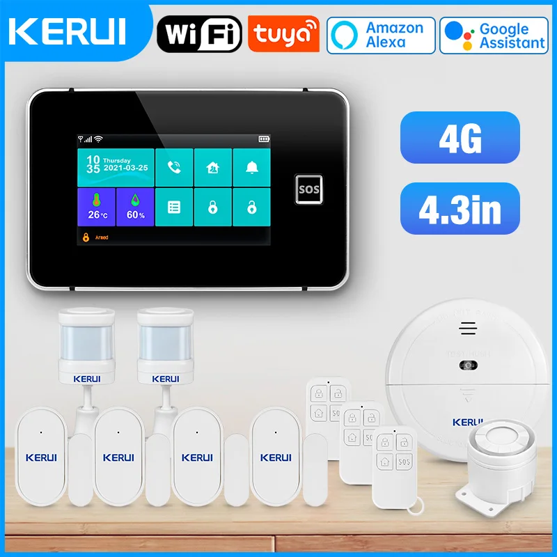 KERUI Alarmsystem-Set WiFi + 4G GSM, Tuya Smart Home 4,3-Zoll-Bildschirm, kabelloses Hausalarmsystem-Set mit Sirene, Türsensor, G64B Image