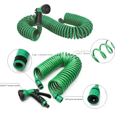 25/50/100FT EVA Coil Garden Hose with 3/4'' Plastic Connector 7 Patterns Spray Nozzle for Outdoors Lawn Watering Car Washing