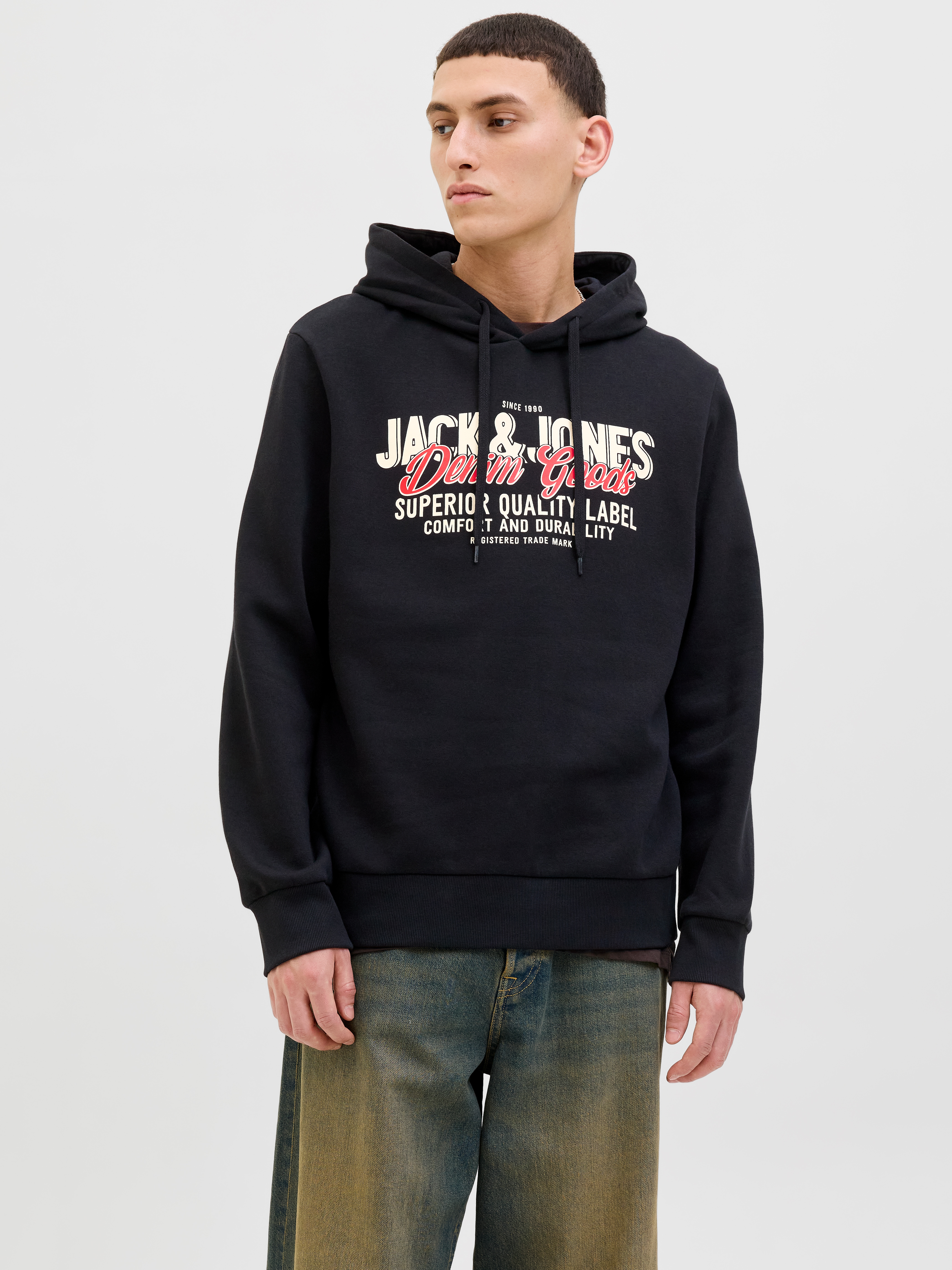 Kapuzensweatshirt JACK & JONES "JJELOGO SWEAT HOOD 2 COL 25/26 NOOS", Herren, Gr. L, schwarz, angeraute Sweatware, Obermaterial: 70% Baumwolle, 30% Polyester, bedruckt, regular fit normal, Rundhals, Rippbündchen, Sweatshirts, mit stylischem Print