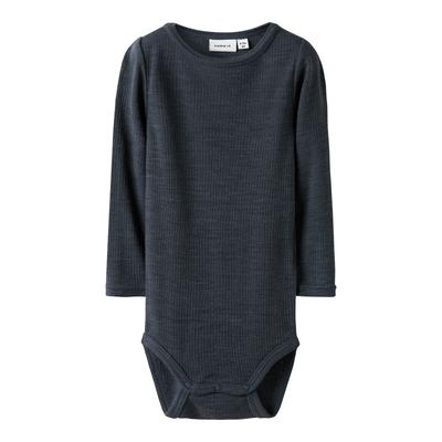 Langarmbody NAME IT "NBNWAX WOOL RIB LS BODY NOOS", Baby, Gr. 68, N-Gr, blau (ombre blau), Rippstrick, Obermaterial: 100% Wolle, unifarben, casual, Rundhals, Langarm, Bodies, aus reiner Merinowolle Image