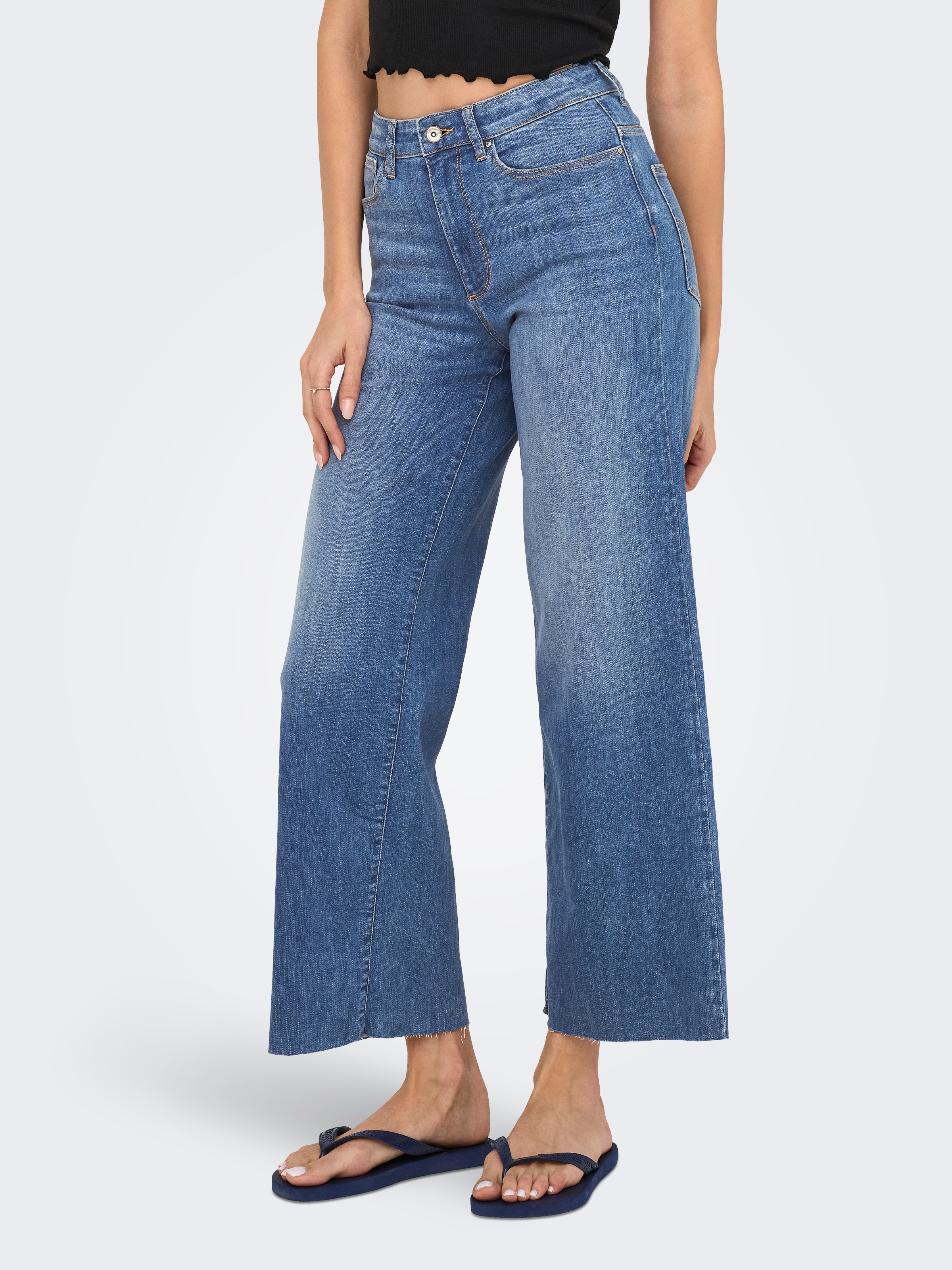 High-waist-Jeans ONLY "ONLANN-MADISON HW CROP WD DNM SOO618NOOS", Damen, Gr. L (40), Länge 32, blau (medium blau denim), Denim/Jeans, Obermaterial: 86% Baumwolle, 13% Polyester, 1% Elasthan, unifarben, weit kurz, Jeans High-Waist-Jeans